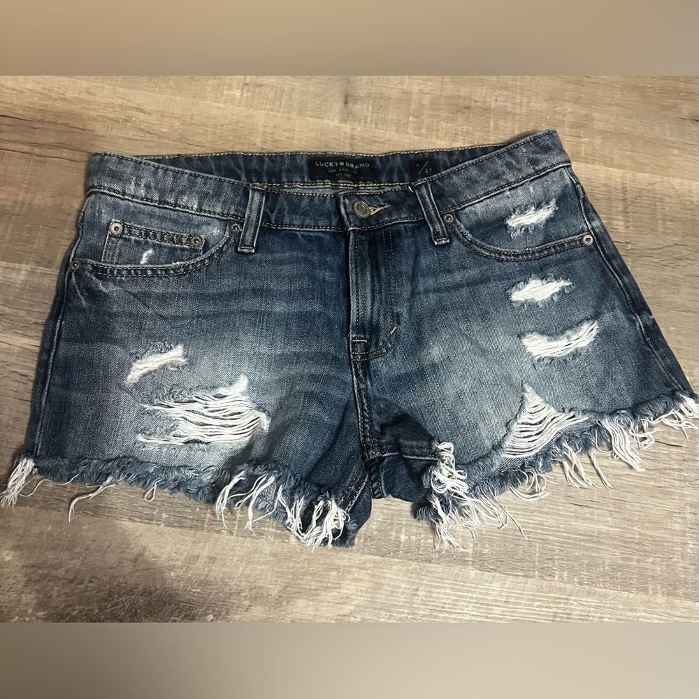 Lucky Brand Women's Ripped Jean Shorts - Dark Blue